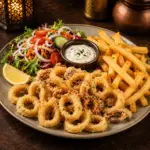 Calamares Fritos con Ensalada y Patatas Fritas